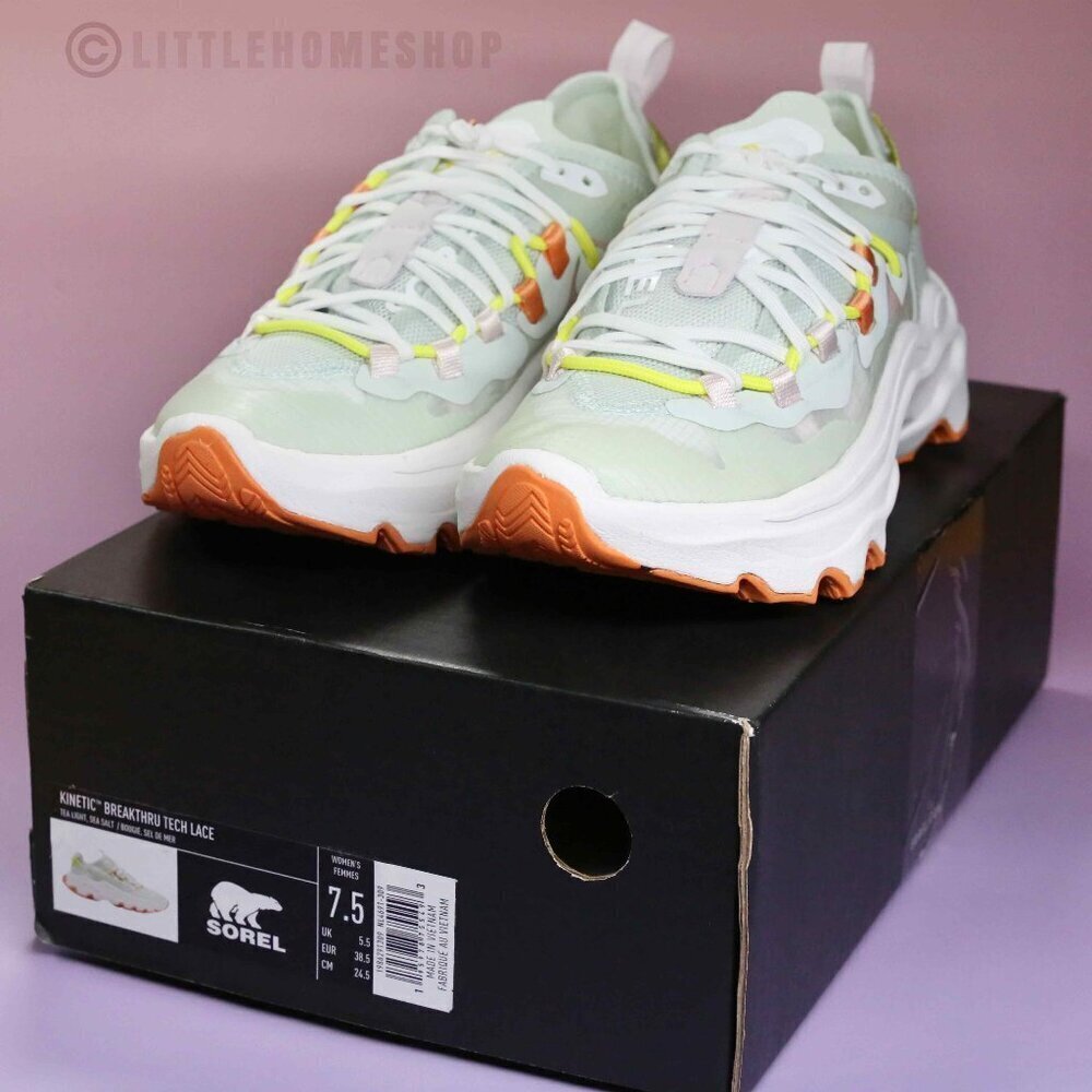 Sorel Women's Mint Green White Orange Athletic Sneakers with Neon Yellow Accents